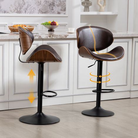 Tabourets bar pivotants lot 2 bois courbé cuir PU dossier repose-pieds ergonomique cuisine îlot bar maison marron