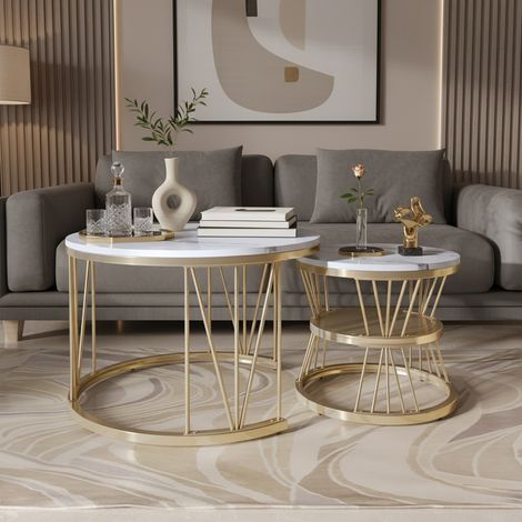 Tavolino rotondo da salotto, set di 2 tavolini impilabili 70/45 cm, tavolini da appoggio con struttura in metallo a forma di V, effetto marmo bianco, design moderno per soggiorno e camera da letto, bi