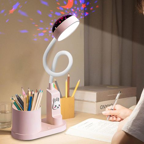 Desk Lamp, Starry Sky Projection Study Light, Pen Holder, USB Rechargeable Dimmable Desk Lamp, Pink (1/5)
