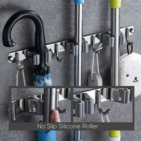 Porta scope adesivo da parete senza foratura – Supporto 3 in 1 in acciaio inox con 4 ganci per scope, attrezzi da giardino e utensili da cucina