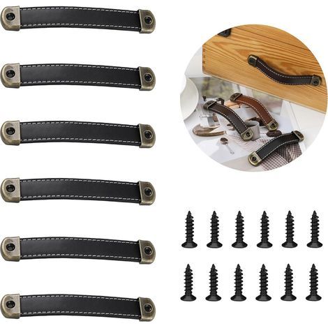 6 pcs Poignée Meuble , Poignée de Porte en Cuir, Bouton de Portes Placard Poignee Cuir Bouton de Tiroir, pour Les Armoires de Cuisine, Armoire, Salle de Bain(Noir) (1/5)