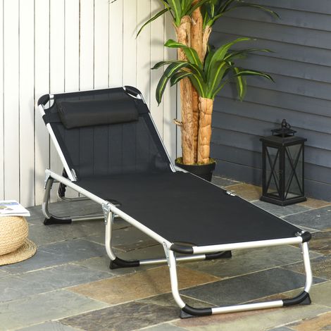 Outsunny Sonnenliege faltbar Gartenliege mit Kopfkissen Liegestuhl mit der 4-stufig verstellbaren Rückenlehne Campingliege bis 120 kg belastbar für Outdoor-Park, Garten, Schwarz