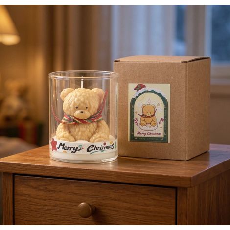 Bougie parfumée ours en peluche dans verre, déco de table Noël style mignon vintage (1/3)