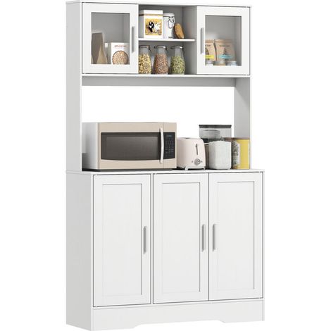 Armoire de cuisine blanche, design scandinave, 4 portes avec vitres, étagères réglables et espace ouvert, en MDF et panneau de particules. (1/5)