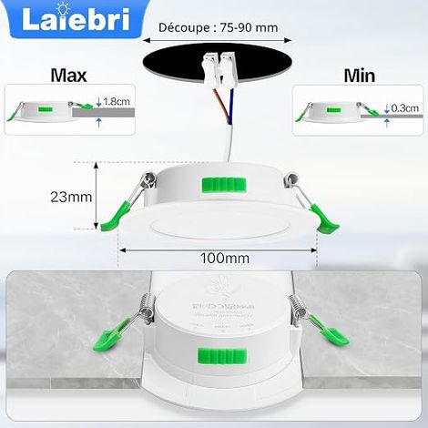 Spot Led Encastrable Extra Plat 6W Spots de Plafond 75-90mm Découpe (1/4)