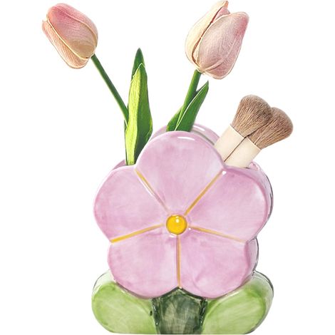 Porte Pinceau de Maquillage, Pot à Crayon en Céramique, Vase en Forme de Fleur Chandelier Bougeoir pour Fleurs, Bougies, Pinceaux Cosmétique Papeterie (Violet, 10.9L x 12.4H x 7.1W cm) (1/5)