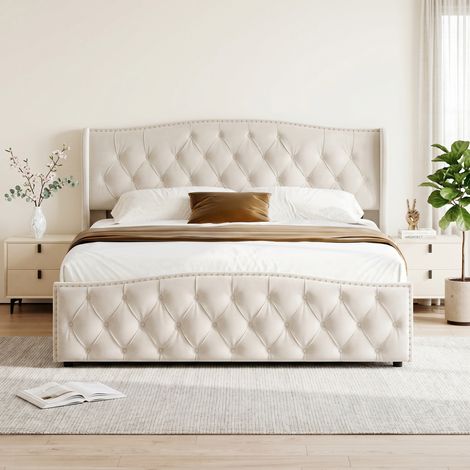 Superaly - Lit Double Coffre 140 x 200 cm - Rangement Hydraulique - Matelas Rembourré avec Décoration Rivetée - Sommier à Lattes - Style Classique - Velours Beige - Montage Facile (1/5)