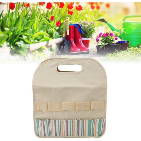 Große Aufbewahrungstasche für Gartengeräte, aus PE-Karton, beige mit bunten Streifen. (1/5)
