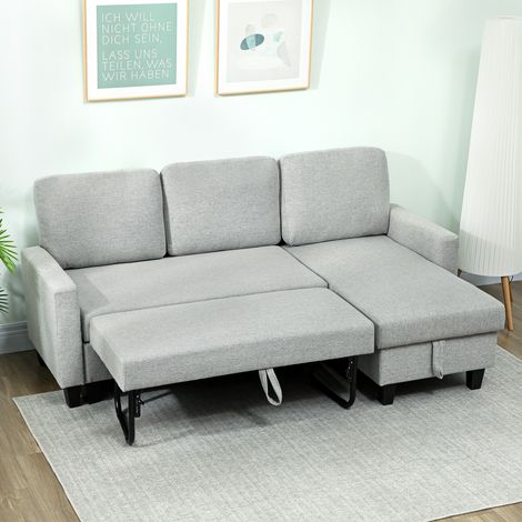 Divano letto angolare reversibile, divano a 3 posti, chaise longue, vano contenitore, 197 cm x 129 cm x 85 cm, grigio chiaro