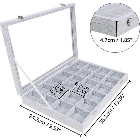 Schmuckkästchen aus grauem Samt mit 24 Fächern und Glasdeckel – stapelbar und modular, für Ringe, Halsketten, Armbänder, Ohrringe und Uhren (1/4)
