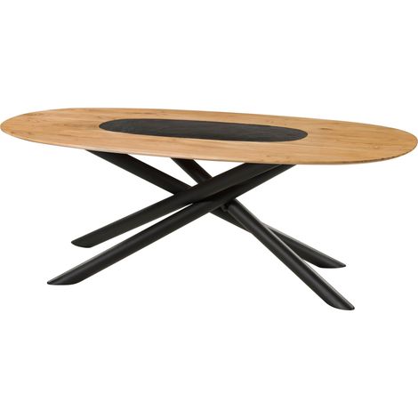 Table à Mangerovale  en bois d'Acacia 240x100x76 naturel laqué / pieds Mikado ronds noirs