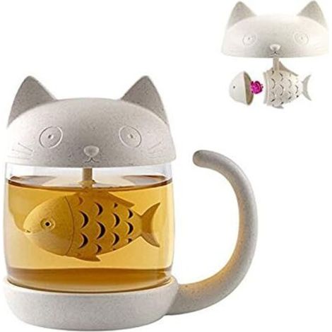Tasse à thé en verre de chat Boîteille d'eau-Avec filtre de filtre à infusion de pain de poisson 250 ML (8 oz) (Blanc)-Fei Yu