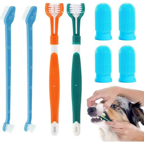 Lot de 8 Brosses à Dent pour Chien - 2 Triple Tête, 4 pour Doigts, 2 Doubles - Kit de Nettoyage Dentaire pour Petits, Moyens et Grands Animaux (1/5)