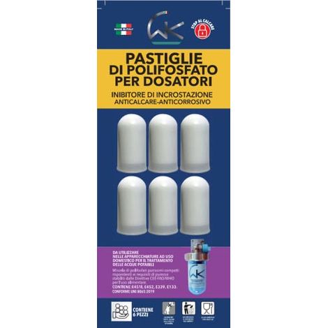WK Ricariche di Polifosfati in Pastiglie pronte all'uso per Dosatori di caldaie Cartucce universali per dosatori 6 pezzi Ricarica super concentrata Made in Italy (1/2)