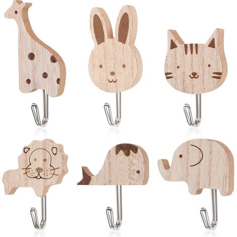 6 patères autocollantes en bois motif animaux (éléphant, baleine, chat…), pour chambre/salle de bain. (1/5)