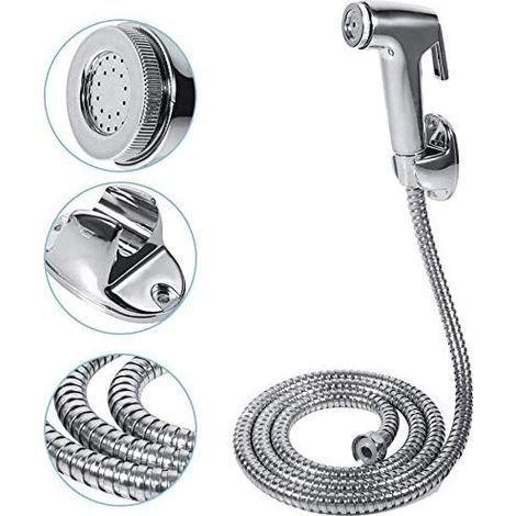 Accessoire de toilette portable avec buse de chasse d'eau manuelle, multifonctionnel pour l'hygiène et le nettoyage personnels, facile à installer. (1/3)