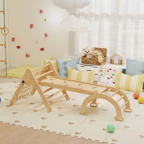 Triángulo de escalada infantil 8 en 1 con rampa de doble cara, arco de escalada de madera con tobogán y escalera, color natural.