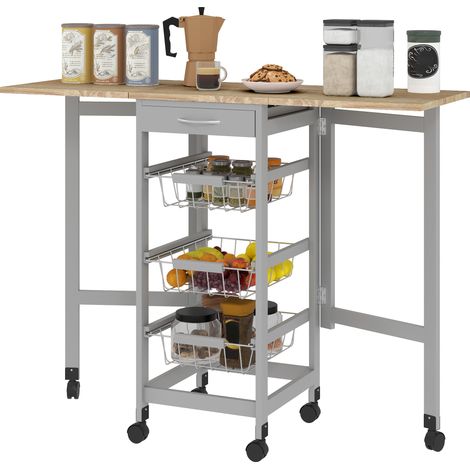 Chariot de cuisine pliable 6 roues 1 tiroir 3 paniers métal gris chêne 97,2x37x77,5 cm (1/5)