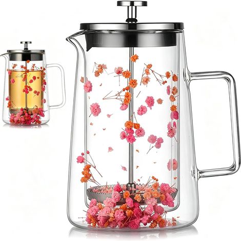 Cafetière à piston française - 1 l - Double paroi thermique en verre - Cafetière manuelle - Avec filtre en acier inoxydable - Résistante à la chaleur - Passe au lave-vaisselle - Pour café et thé (1/5)
