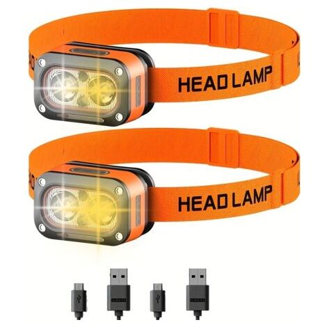 Lot de 2 Lampes Frontales LED Rechargeables USB – Double Éclairage avec Capteur de Mouvement, Lumière Rouge d’Avertissement, pour Casque, Camping et Maintenance (1/5)
