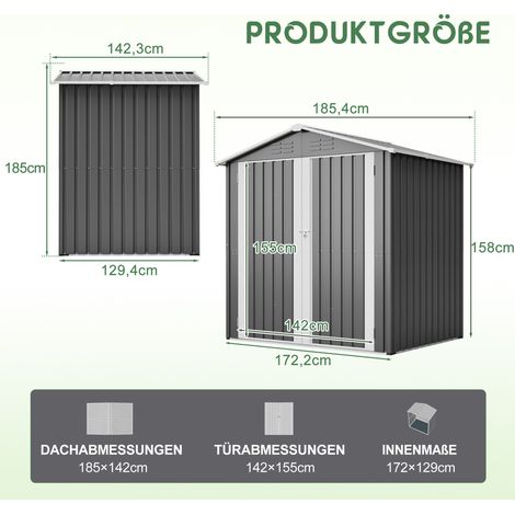 142x185cm Metall-Geräteschuppen Gartenhaus mit Belüftungslöchern , Inkl. Metallfundament , Abschließbare Tür ,Witterungsfest für Gartengeräte,Grau (1/5)