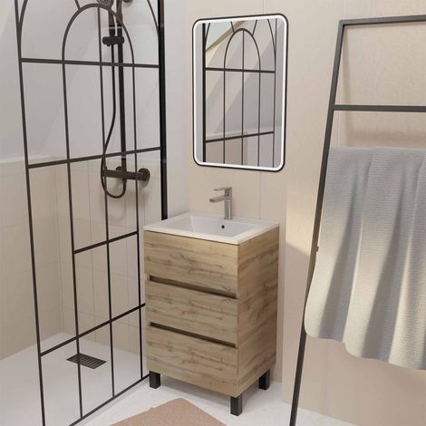 Mobile da bagno 50 Finitura Rovere Naturale 3 cassetti Lavabo bianco e Specchio Led 50x70 cm