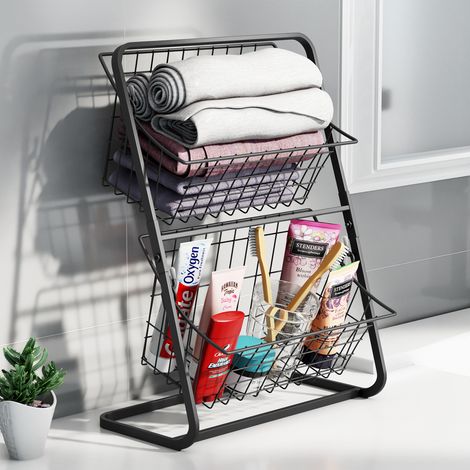 Étagère de Rangement à 2 Niveaux en Métal Noir - Panier de Rangement Amovible pour Cuisine, Salle de Bain, Bureau, Salon - Organisation Multifonctionnelle pour Fruits, Produits de Beauté, Revues