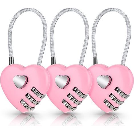 Juego de 3 candados de combinación rosas con forma de corazón para maletas, bonitos candados de combinación con forma de corazón, pequeños candados impermeables para bolsos de viaje y mochilas (código (1/5)