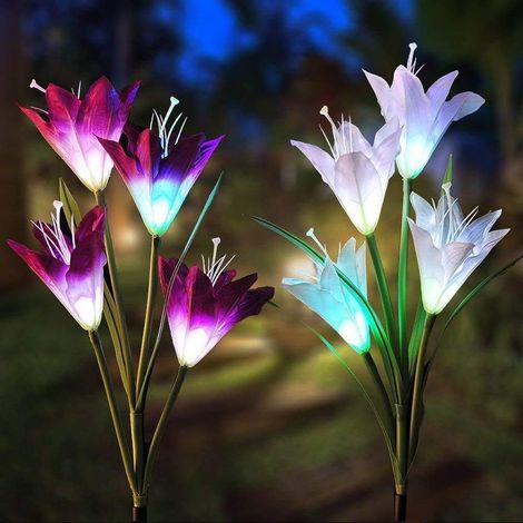 Lampes de jardin solaires,lampes de jardin solaires,fleurs de lys,lumière solaire avec lampes LED à changement de couleur,lumières de décoration extérieure pour jardin,allée,terrasse,jardin 2 PCS-Fei (1/5)