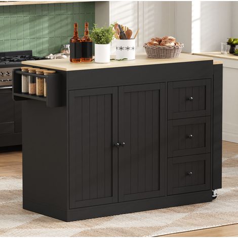 MEUBLIV îlot de cuisine sur roulettes noir avec plateau extensible, étagère à épices et 3 tiroirs (1/5)