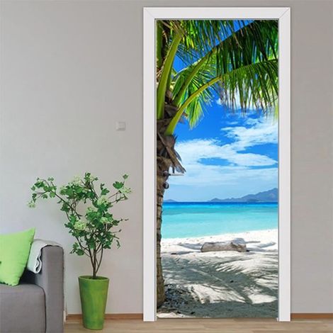 Autocollant De Porte 3D Plage 95X215Cm 3D Papier Peint Porte Autocollant Murales Adhésif Amovible En Bois Art De Porte Décoration (1/4)