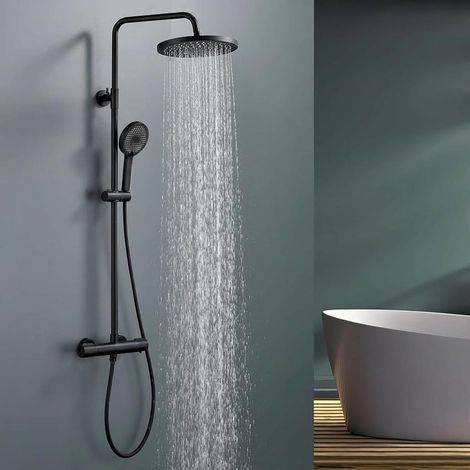 Duschsystem mit Thermostat Schwarz - Duscharmatur Komplettset mit 3 Strahlarten Handbrause & 25 cm Kopfbrause - Edelstahl Regendusche Duscharmatur Schwarz Duschset für Modernes Badezimmer
