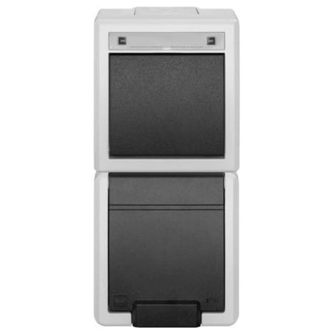 Aquant 2K, conjunto de interruptor vertical de 1 polo (bidireccional) para montaje en superficie + toma de corriente individual con conexión a tierra 2P+Z IP55 gris 5056-10