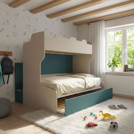 Letto a castello salvaspazio con scala contenitore - 1 Piazza e mezza + singolo - Effetto Tessuto e Verde Petrolio