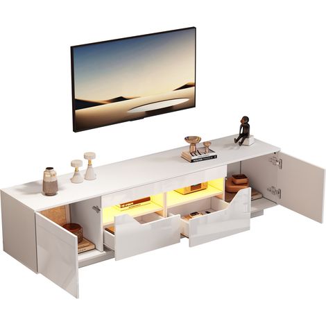 Meuble TV blanc brillant 180 x 40 x 45 cm avec LED pilotée par appli, 2 tiroirs, 2 placards, rangements ouverts, pour TV jusqu'à 75 pouces - CHICFURN (1/5)