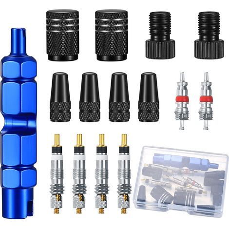 Kit de Réparation de Valve de Vélo 15 Pièces - Noyaux Presta/Schrader, Adaptateurs et Outil (1/5)