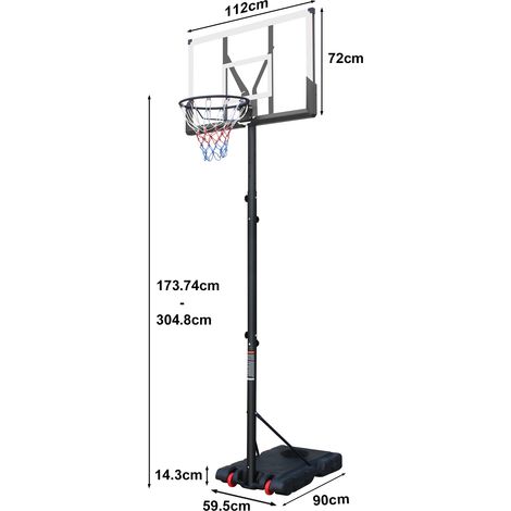 Panneau de basket extérieur ajustable 173,74-304,8 cm, idéal enfants et adultes, revêtement anti-rouille, roues, motif blanc sérigraphié