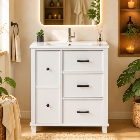 Meuble salle de bain sur pied 76,5x47 cm - Meuble sous vasque blanc sur pied avec lavabo céramique 5 tiroirs rangement - scandinave (1/5)