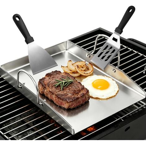 Plancha Grill Inox 40 x 30 cm, avec 2 Spatules BBQ, Plaque de Rechange pour Barbecue à Gaz, Antiadhésive (1/5)