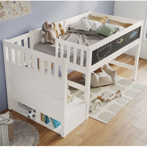 Letto a soppalco per bambini moderno 90x200 cm bianco in legno massello e MDF con scala contenitore, lavagna e rete a doghe (1/5)