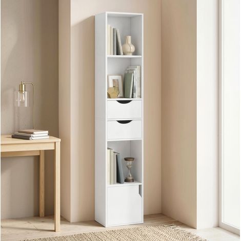 Libreria stretta con 2 cassetti e 3 ripiani aperti, 30 x 24 x 158 cm, bianca DESVIAE (1/5)