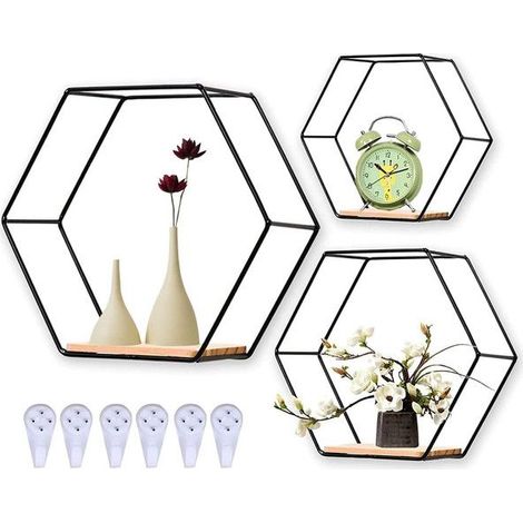 Étagère murale hexagonale noire, ensemble de trois pièces, tailles différentes, matériau métallique. (1/4)