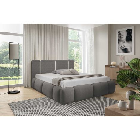 Emporius Lit rembourré 180x200 cm Avelin avec LED, sommier métallique, lit coffre, tissu bouclé - gris (1/5)