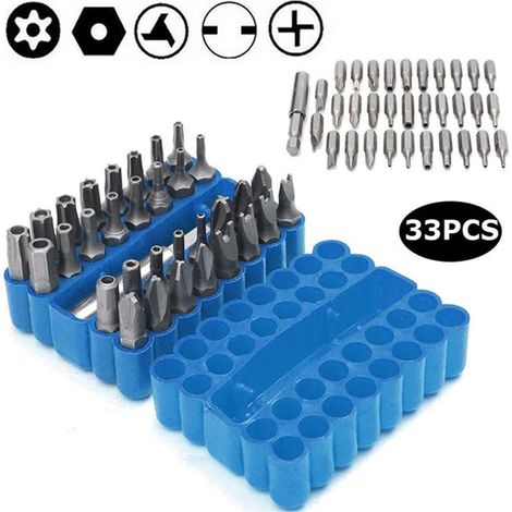 33-teiliges Set magnetischer Schraubendreherbits mit Verlängerungshalter, Sicherheits- und manipulationssichere SAE-Metrische Sechskant-Tri-Wing-Drehmomentschlüssel-Stern-Sets – Blau