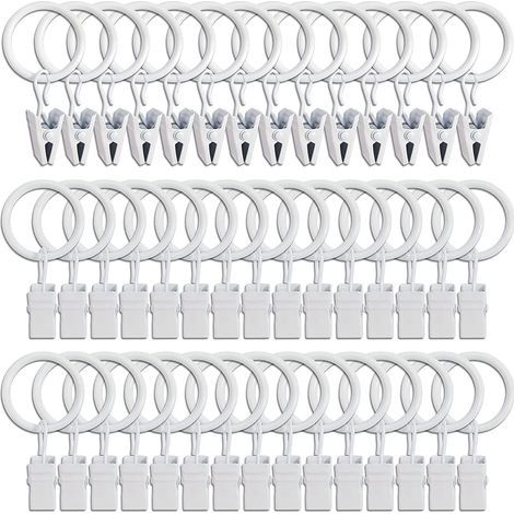 45PCS Curtain Rings with Clips - White, Strong Curtain Clips, Tension Rod Mounting Hooks, Decorative Curtain Hooks for Curtains and Window Frames with ID Metal Hole