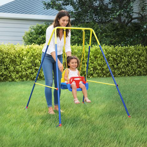Altalena da Giardino per Bambini Regolabile con Schienale e Barriera, in Acciaio e PP, 128x155x157 cm, Blu (1/5)