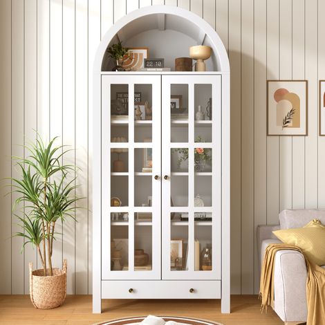 Vitrine 75x35x170,5 cm en MDF blanc, avec rangement moderne pour salon, FloraGrace (1/5)