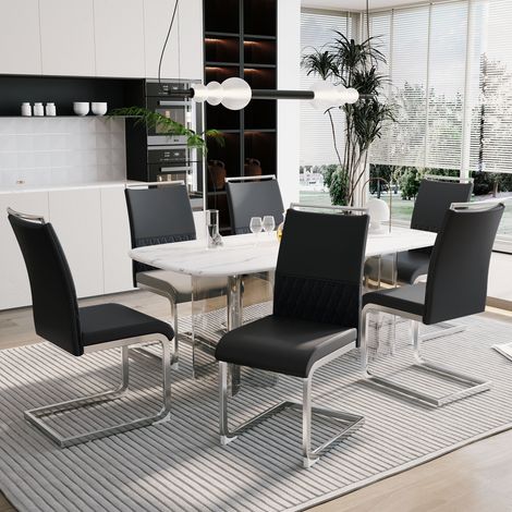 Lot de 6 chaises de salle à manger, dossier PU et simili cuir à bandes croisées, rembourrées, pour cuisine et bureau d'invités, noir