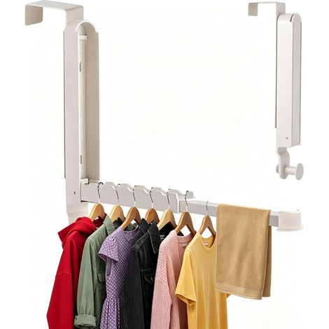 Over-the-Door Coat Hook with 2 Folding Hooks, Cream White Aluminum, 13 lb Capacity, Coat Rack with 6 Hooks and Retractable Towel Bar (1/5)