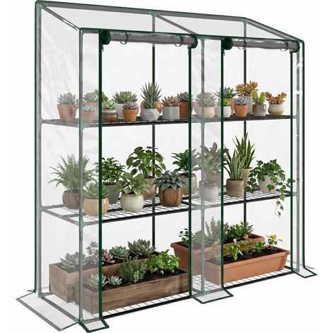 Mini serre de jardin 3 niveaux avec bâche en plastique, 2 portes enroulables, 6 étagères, dim. 143L x 46l x 141/151H cm (1/5)